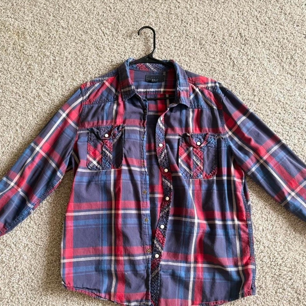 Men's Plaid Long Sleeve Shirt - Red and Blue